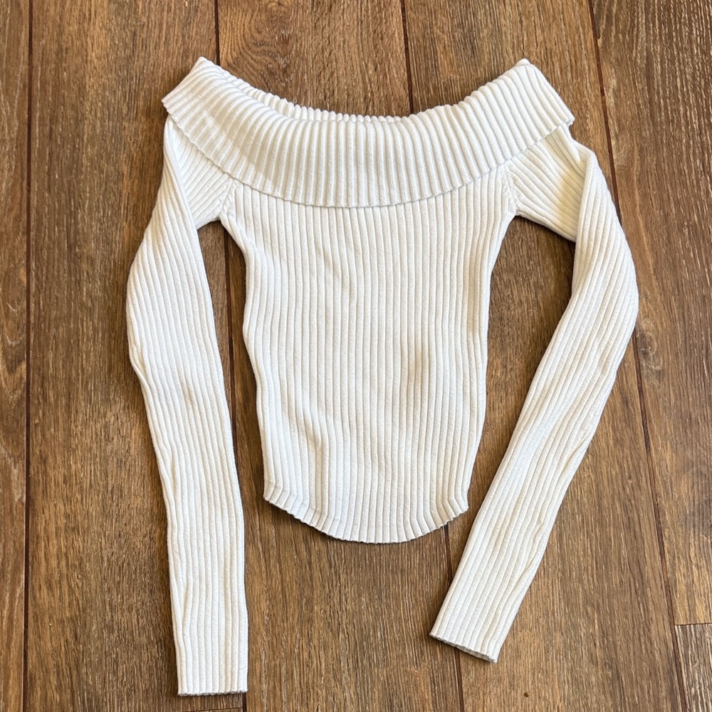 Off-Shoulder Ribbed White Sweater